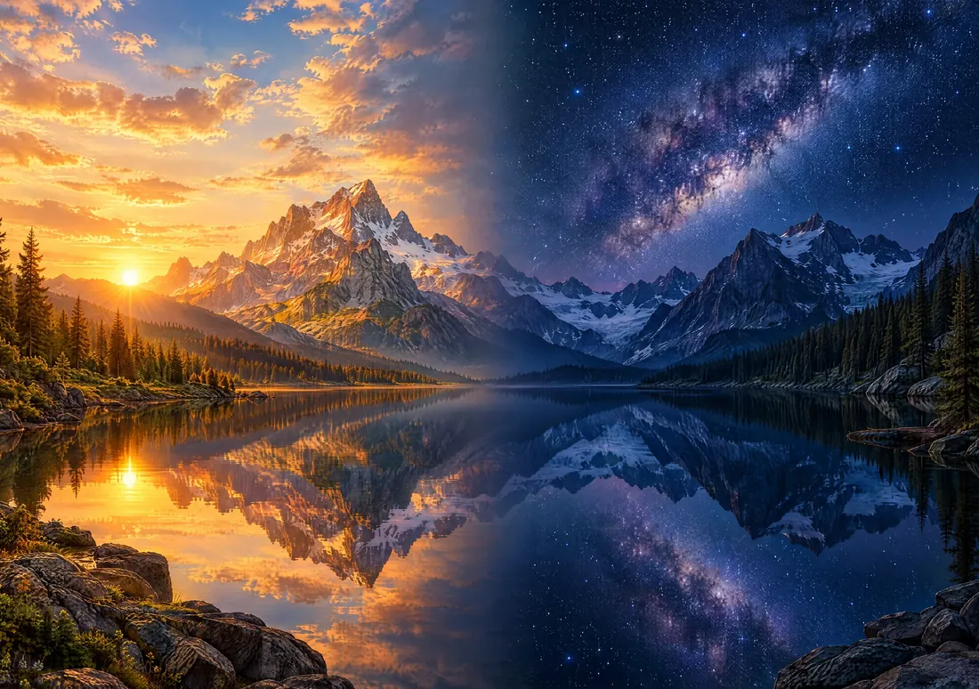 Day & Night, inside image: golden hour over a mountain lake on the left, the Milky Way on the right.